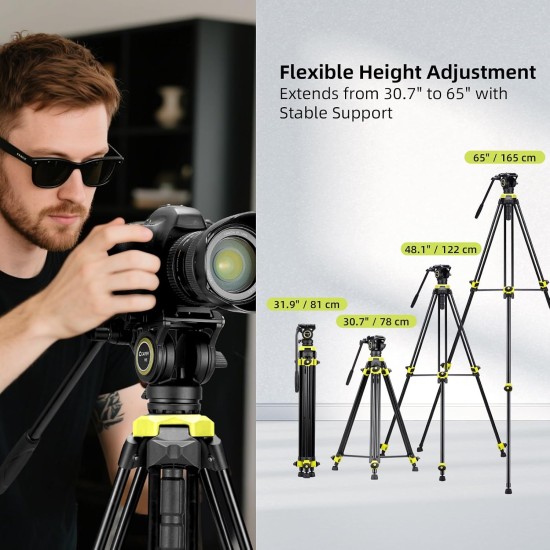 Cayer BV01 Compact Video Tripod, 65" Twin Tube Fluid Head 13.2 Lb